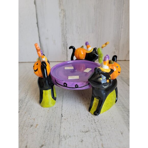 Halloween ceramics spooky cat 3 wick candle holder pumpkin home decor unique - Picture 2 of 7